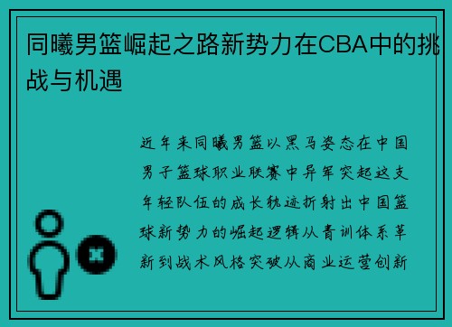 同曦男篮崛起之路新势力在CBA中的挑战与机遇