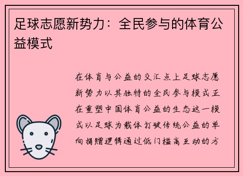 足球志愿新势力：全民参与的体育公益模式